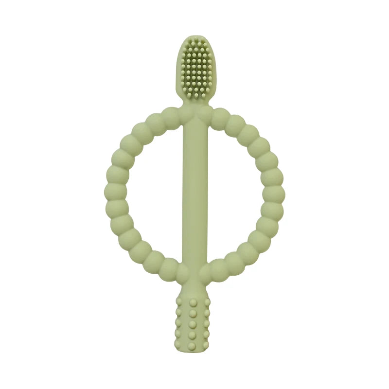 A soft silicone baby teether with easy-grip handles in a light green color.