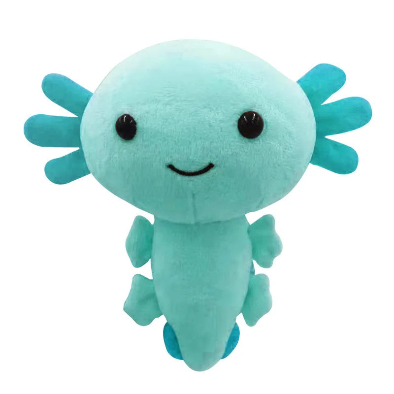 A soft, light blue plush toy of an axolotl with large eyes and feathery gills.