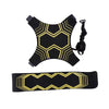 Black solo kick training belt with yellow geometric pattern and adjustable strap.