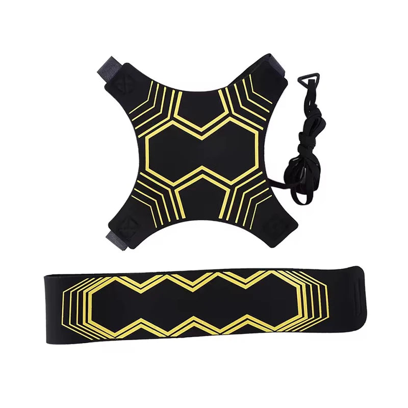 Black solo kick training belt with yellow geometric pattern and adjustable strap.