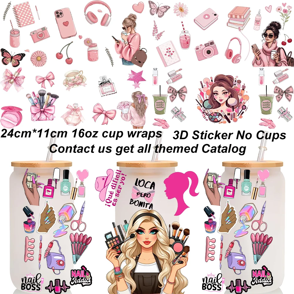 A collection of waterproof makeup-themed cup wraps and stickers for 16oz Libbey glasses.