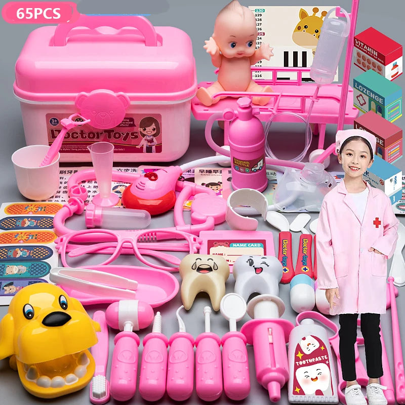 A pink kids doctor pretend play set featuring various medical tools and accessories for role-playing.
