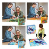 A woman and a boy are assembling a colorful 100-piece animal and dinosaur jigsaw puzzle set.