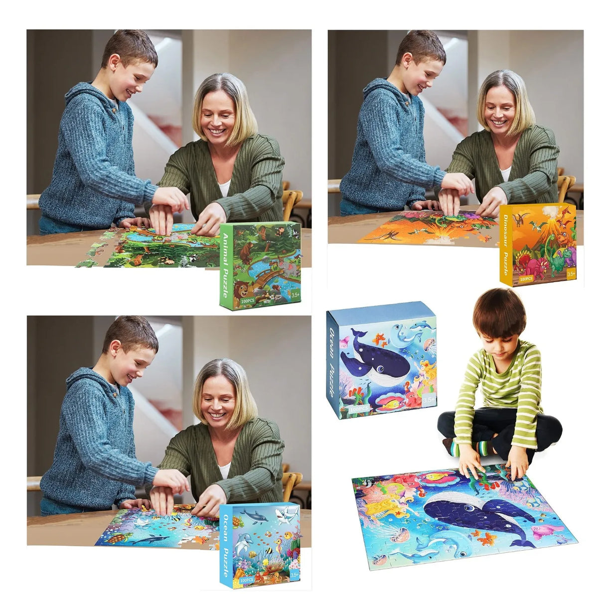 A woman and a boy are assembling a colorful 100-piece animal and dinosaur jigsaw puzzle set.