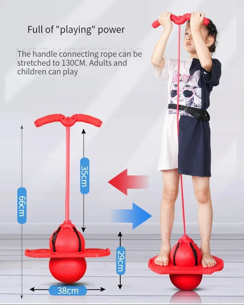 A child is playing with a red connecting rope toy that stretches to 130cm, demonstrating its use for balance and coordination