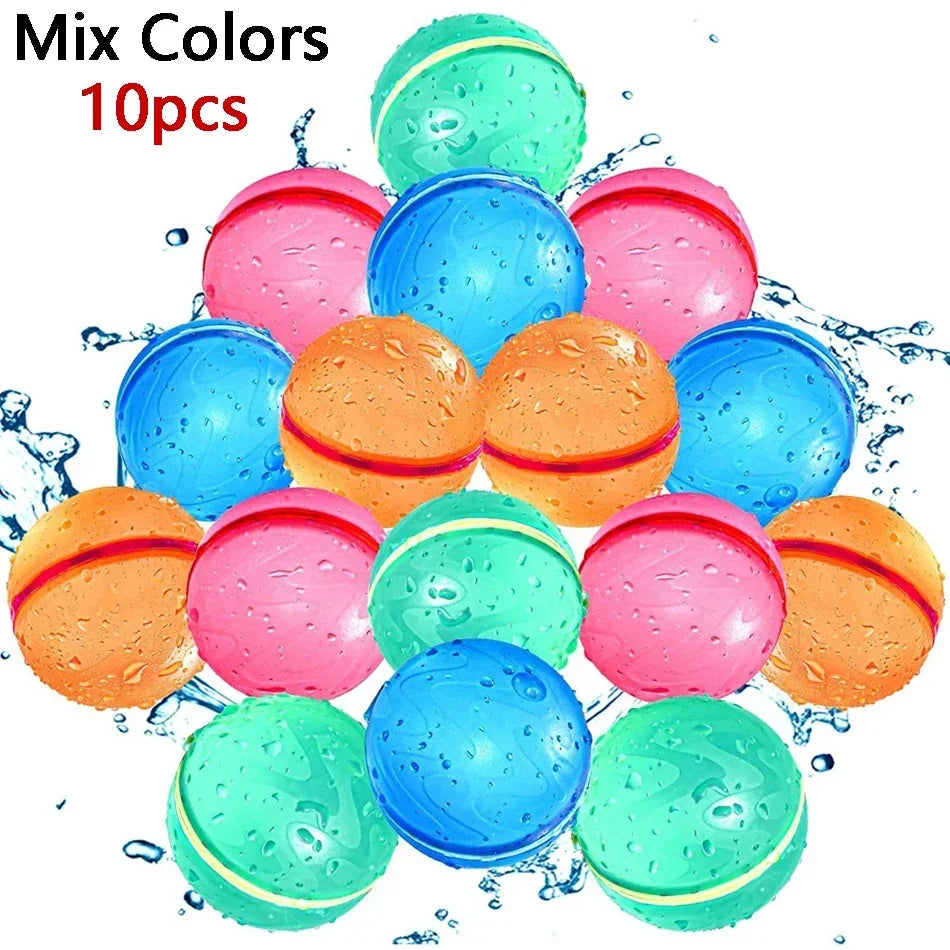 A collection of 10 colorful reusable water balloons in shades of pink, blue, and orange.