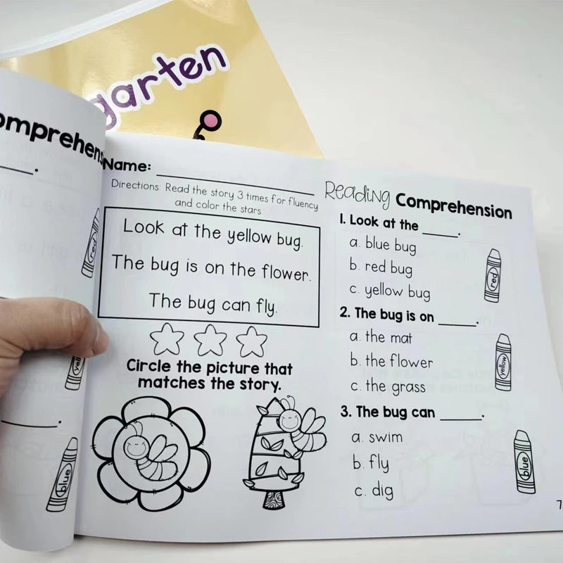 A page from an interactive English reading comprehension book showing a picture of a bug on a flower and questions about the 