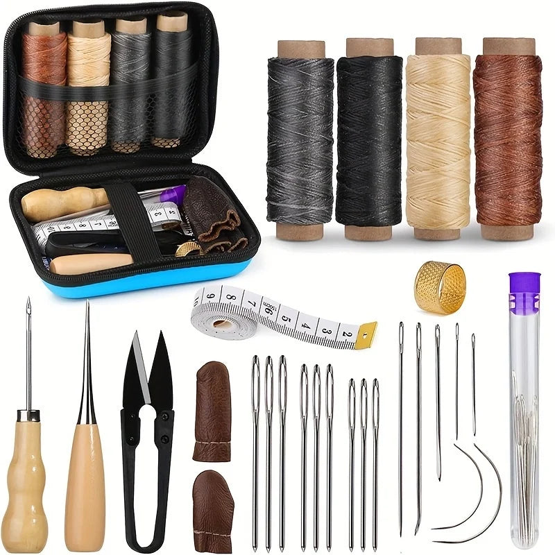 A collection of leather sewing and repair tools including waxed thread spools, needles, and various leather components.