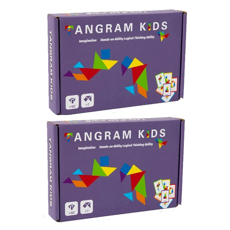 Box of Angram Kids wooden tangram puzzle set for imagination and logical thinking ability