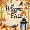 A seasonal illustration featuring pumpkins, autumn leaves, and a vintage lantern with birds in the fall theme.