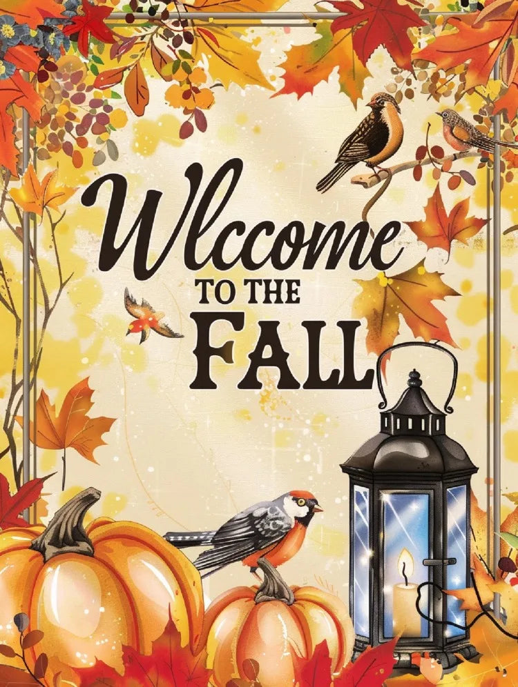 A seasonal illustration featuring pumpkins, autumn leaves, and a vintage lantern with birds in the fall theme.