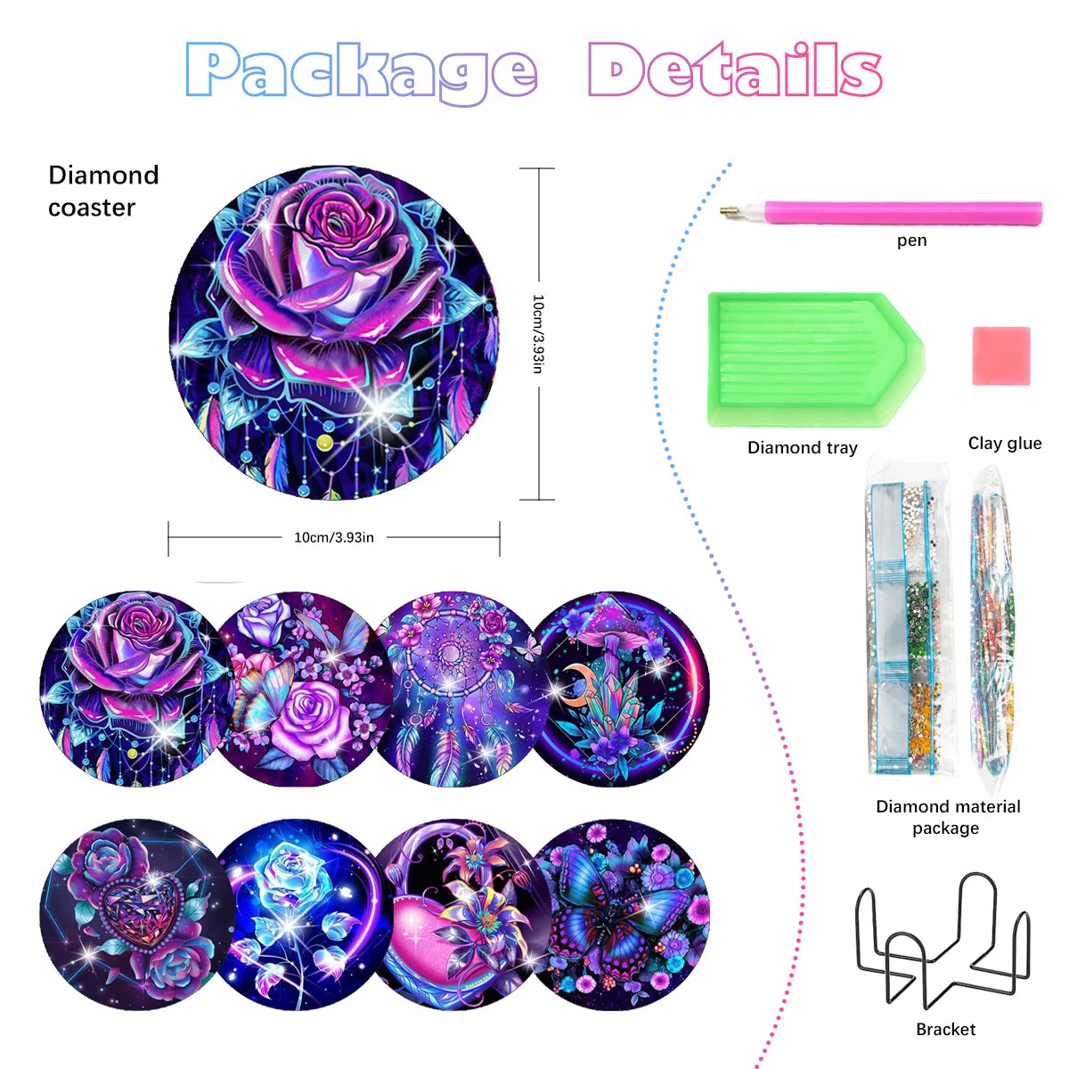 DIY Diamond Painting Coaster Kit with Holder – 8 Floral Resin Coasters