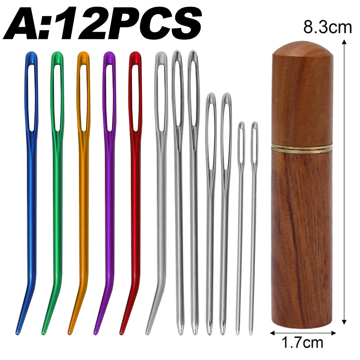 A set of 12 stainless steel sewing needles in various colors stored in a wooden tube.