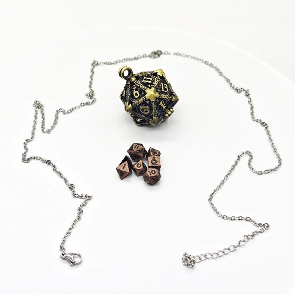 A metal polyhedral dice set with a pendant storage case displayed on a white background.