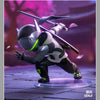 A collectible figurine of a ninja character in dark gray and black armor wielding a katana, standing on a purple platform.