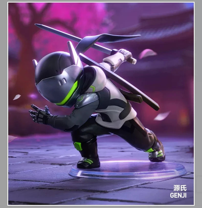A collectible figurine of a ninja character in dark gray and black armor wielding a katana, standing on a purple platform.
