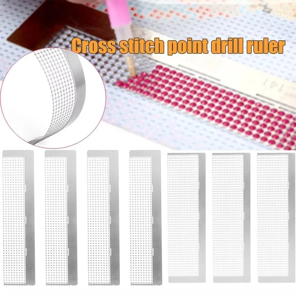 Stainless steel cross stitch point drill ruler showing various sizes and patterns for diamond painting