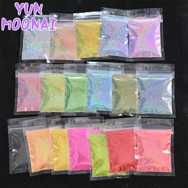 Assortment of holographic rainbow nail glitter in various shades packaged in small plastic bags