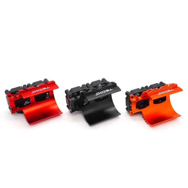 Three high-performance RC motor heatsink cooling fans in red, black, and orange.