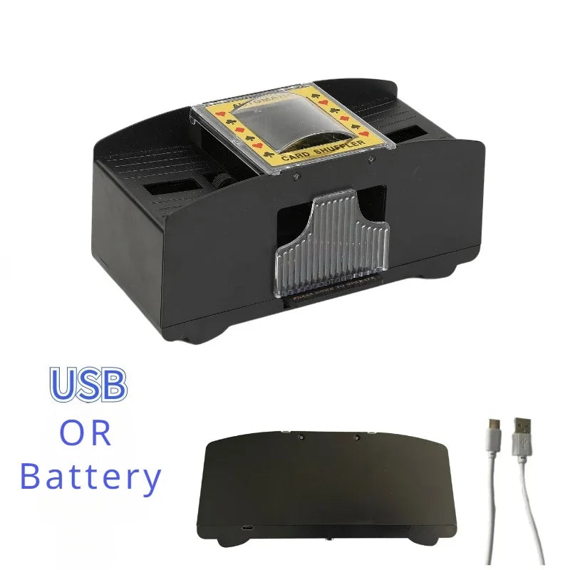 A black automatic card shuffler device with a clear top, shown next to its battery or USB power source.