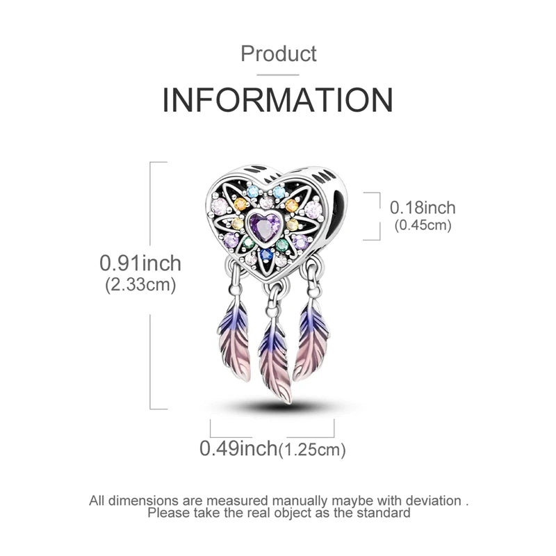 A silver heart charm with purple and blue stones and feather accents for bracelets and necklaces.
