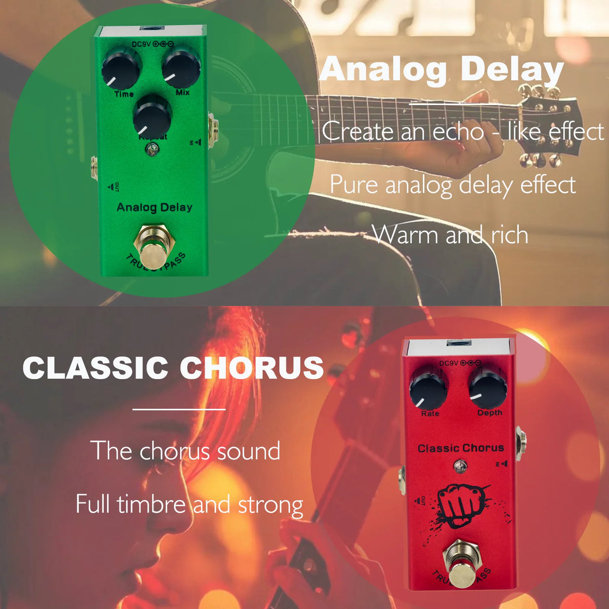 Image showing an Analog Delay pedal and a Classic Chorus pedal for guitar effects.