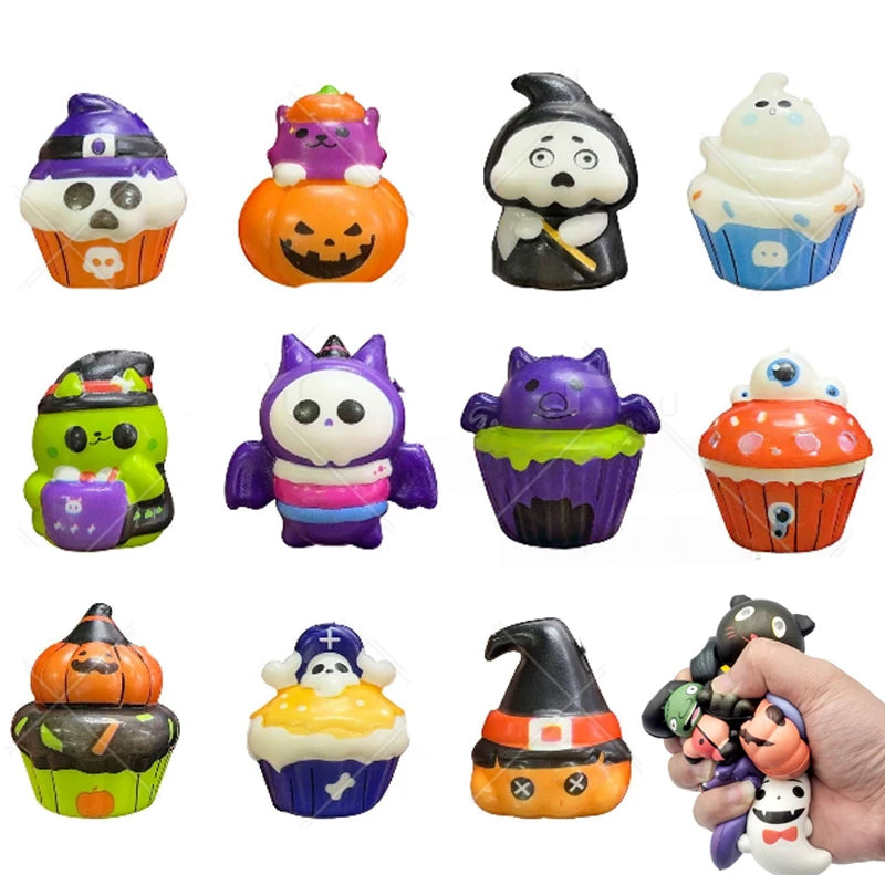 A collection of ten Halloween-themed fidget toys shaped like skulls, pumpkins, and cupcakes in various colors.