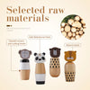A collection of wooden animal puzzle toys, including a lion, panda, and another animal, displayed next to raw wood pieces.