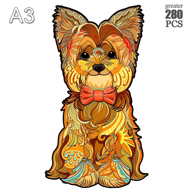 A detailed illustration of a fluffy, orange and brown puppy dog face with golden fur and a pink bow.