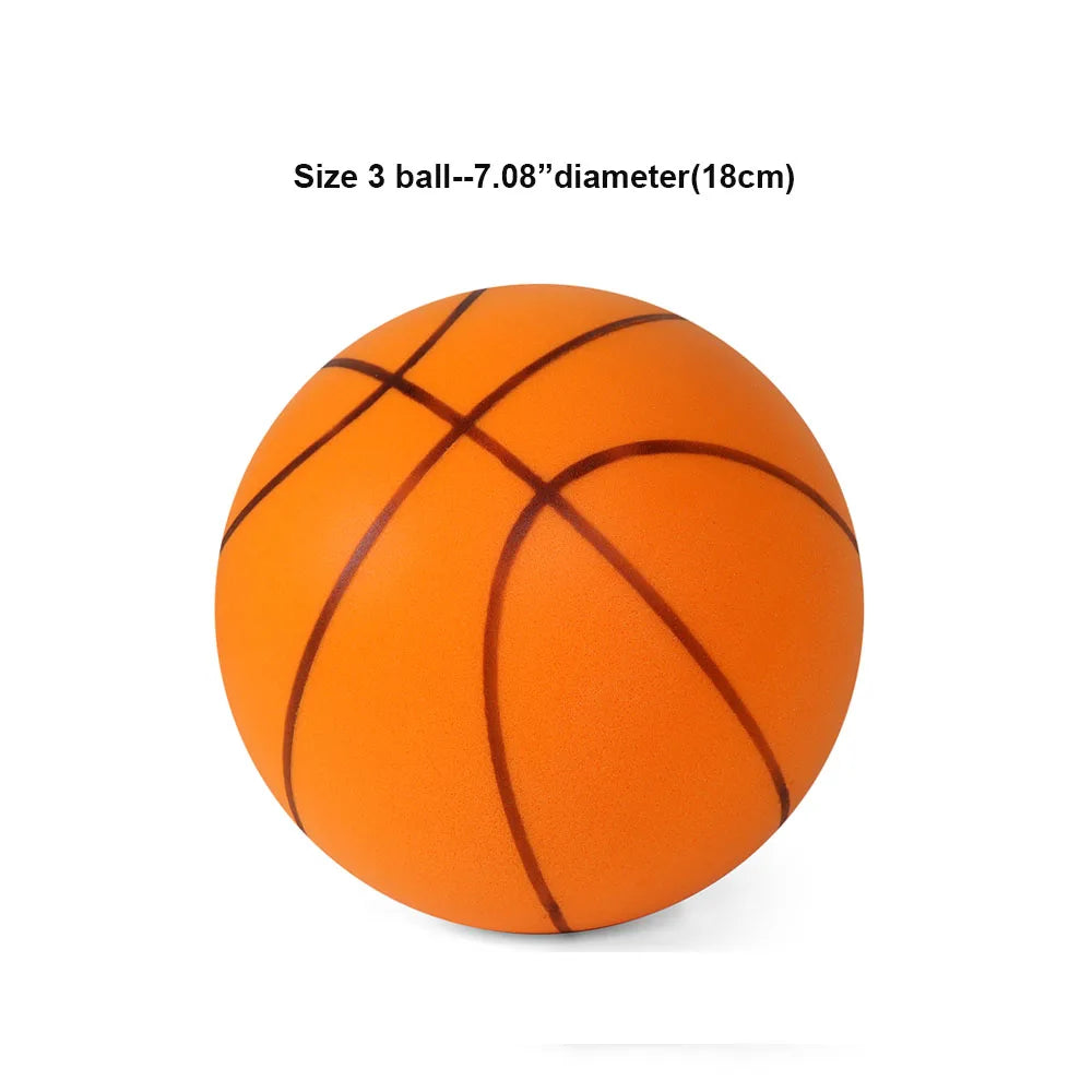An orange foam basketball with black stitching, measuring 7.08 inches in diameter.