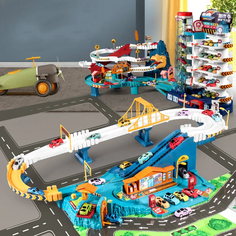 A dinosaur rail car adventure playset featuring a track, building elements, and parking lot for children.