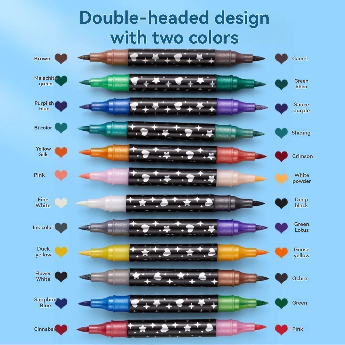 A collection of double-headed art markers featuring various colors and designs, including brown, green, blue, purple, pink, y