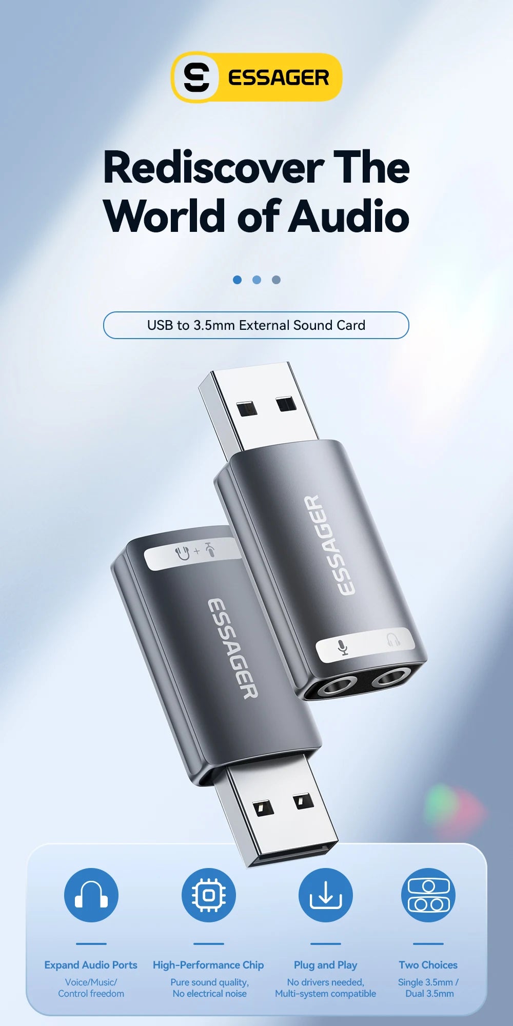 A black ESSAGER USB to 3.5mm external sound card adapter with headphone and microphone jacks.