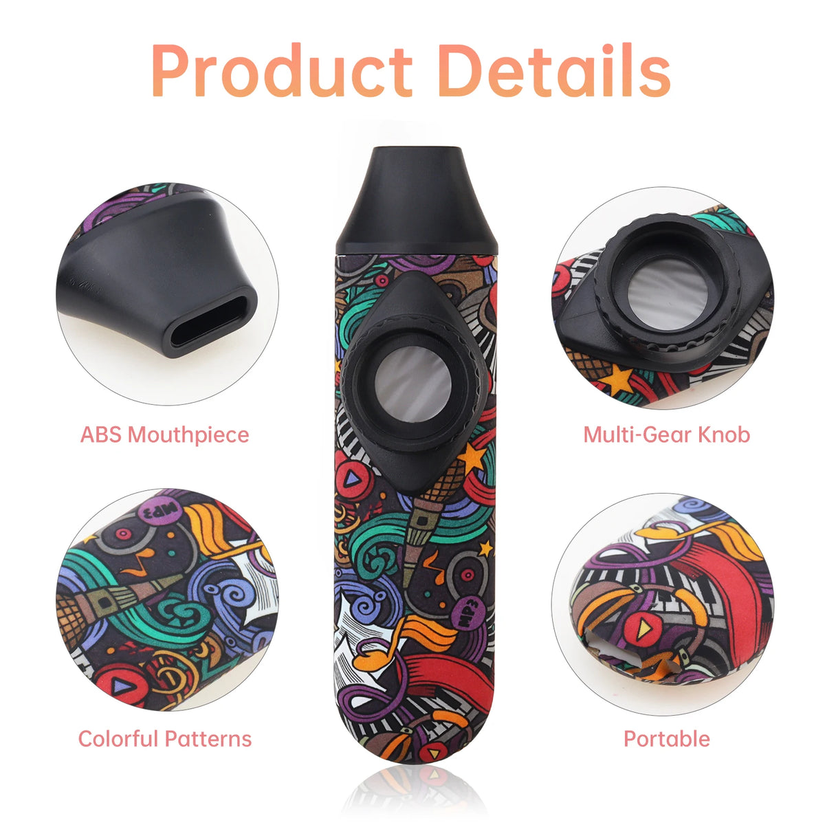 Product details showing an ABS mouthpiece, a multi-gear knob, colorful patterns, and a portable item.