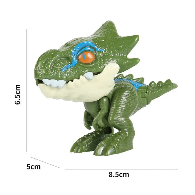 A green finger dinosaur fidget toy with an open mouth showing teeth and an orange eye.