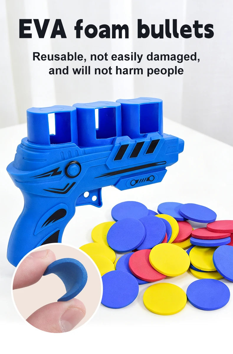 Blue EVA foam bullets loaded into a toy gun, with loose blue and yellow discs scattered nearby.
