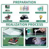 Preparation and realization process for DTF printing using heat press machine, ink, powder, and film sheets.