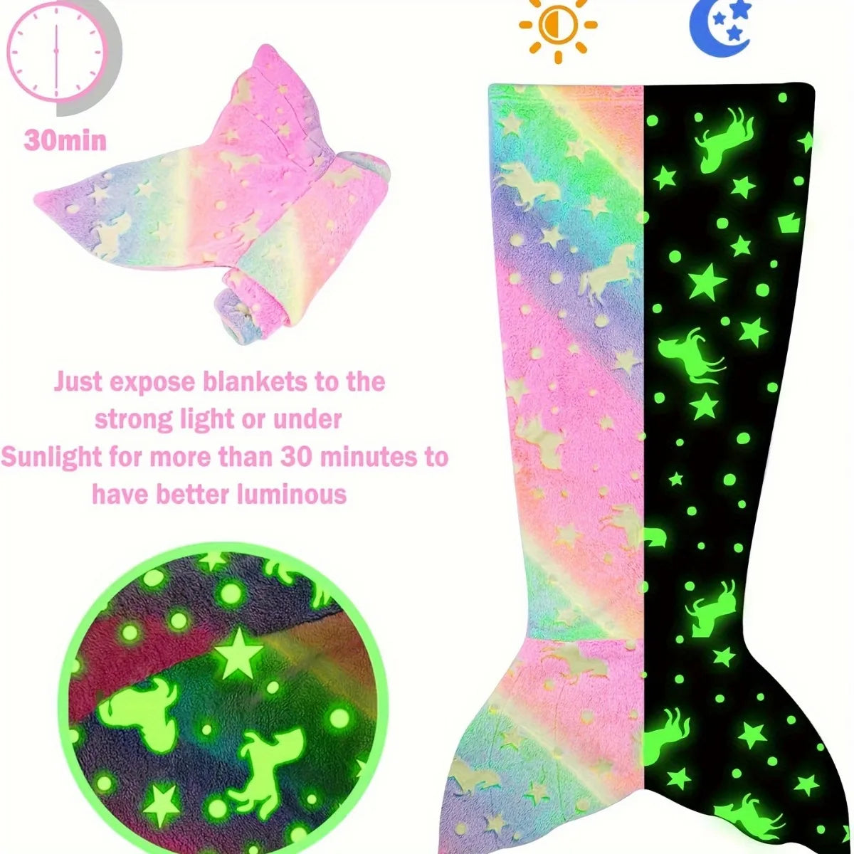 A glow-in-the-dark mermaid tail blanket for kids showing a pink and green iridescent pattern on a fabric.