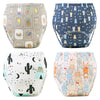 A set of four reusable cotton potty training pants featuring various cute animal and nature patterns for toddlers.