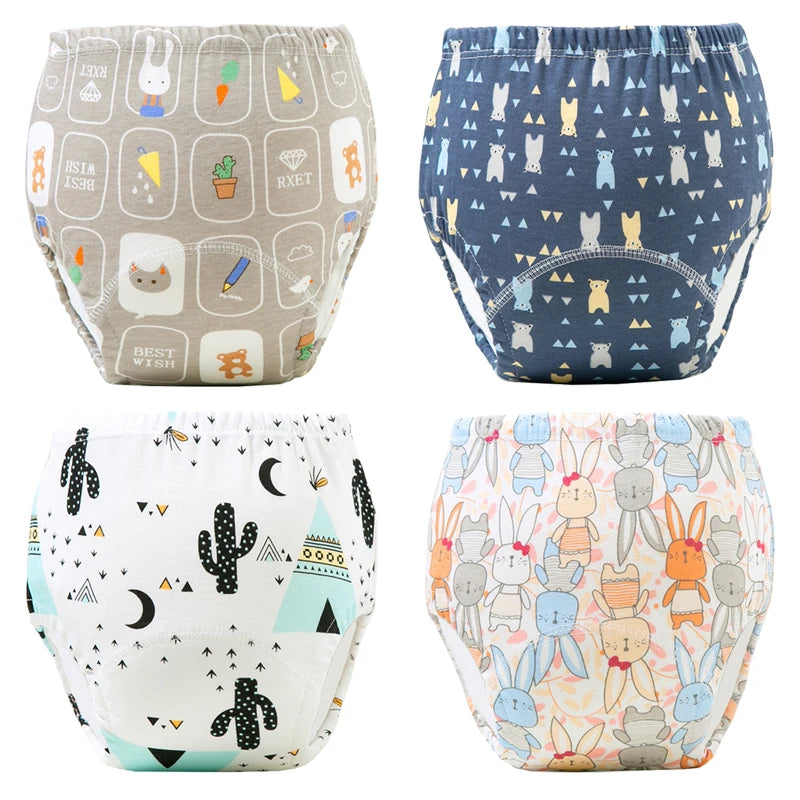 A set of four reusable cotton potty training pants featuring various cute animal and nature patterns for toddlers.