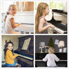 Three children are shown interacting with a piano keyboard, some playing and others looking at the keys.