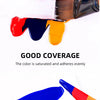 A paintbrush applies vibrant paint colors onto a white surface, demonstrating good coverage and even adherence.
