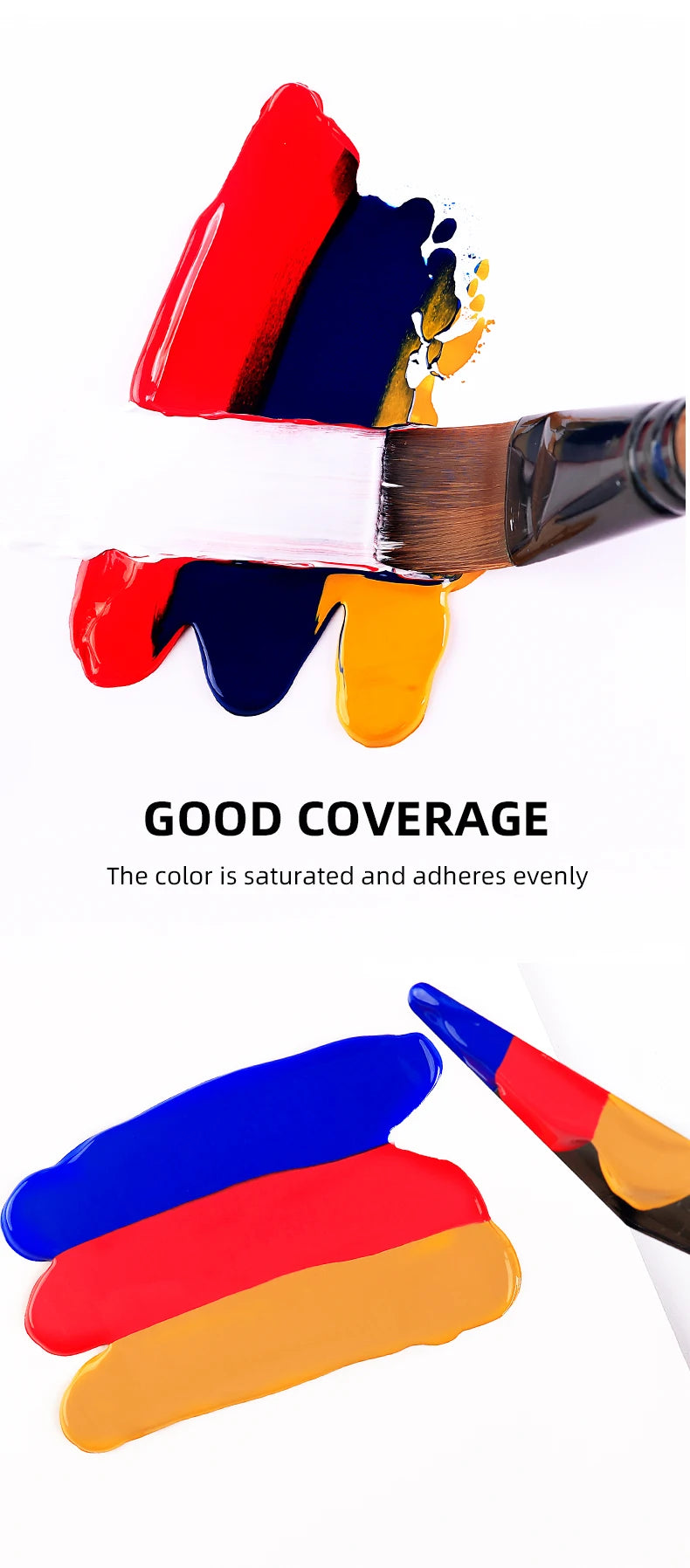 A paintbrush applies vibrant paint colors onto a white surface, demonstrating good coverage and even adherence.