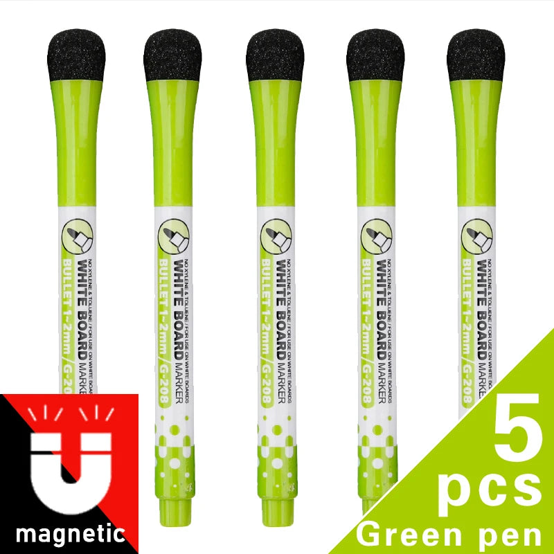 Five green magnetic dry-erase whiteboard markers in a tube set
