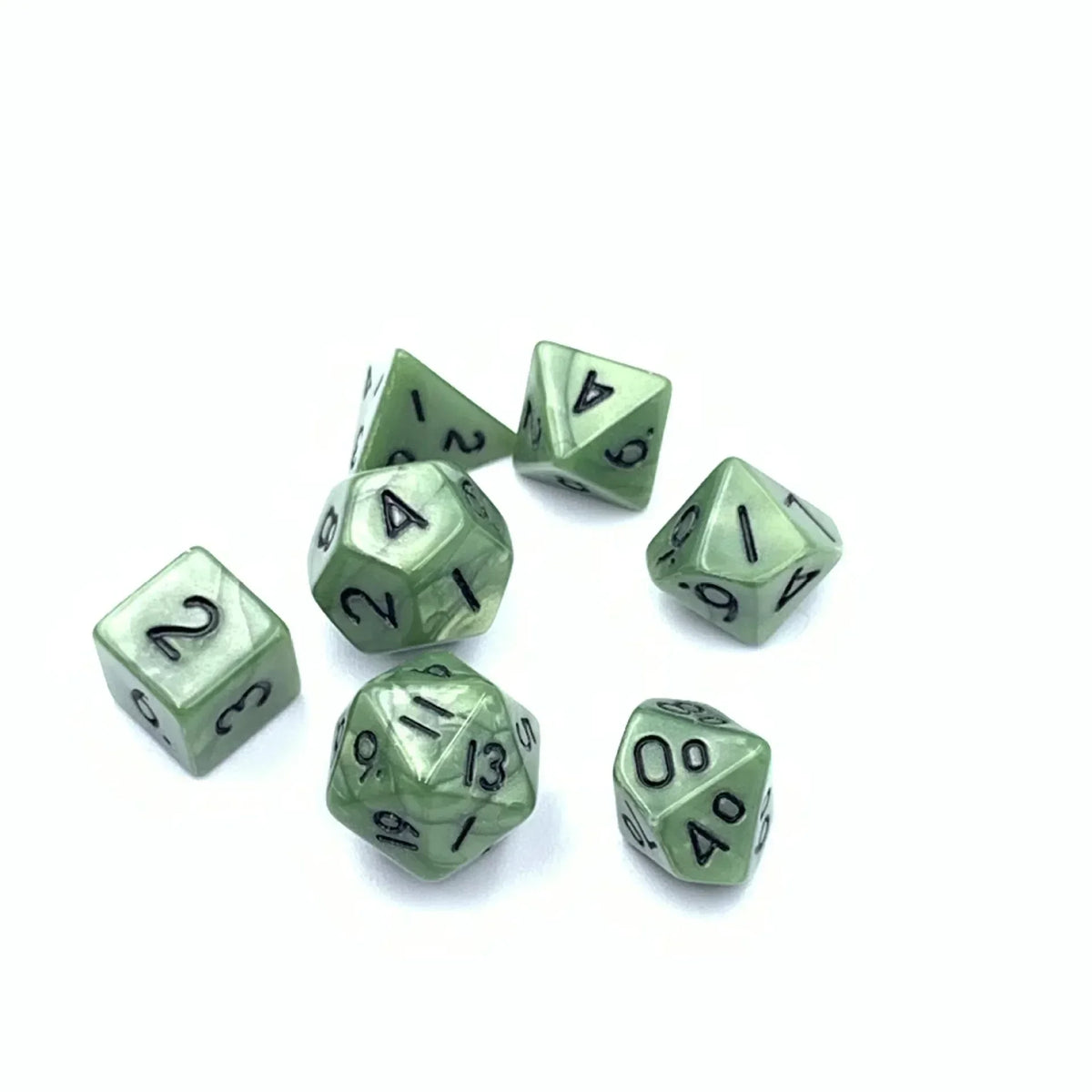 A set of seven small polyhedral dice in a muted green color arranged in a circle.