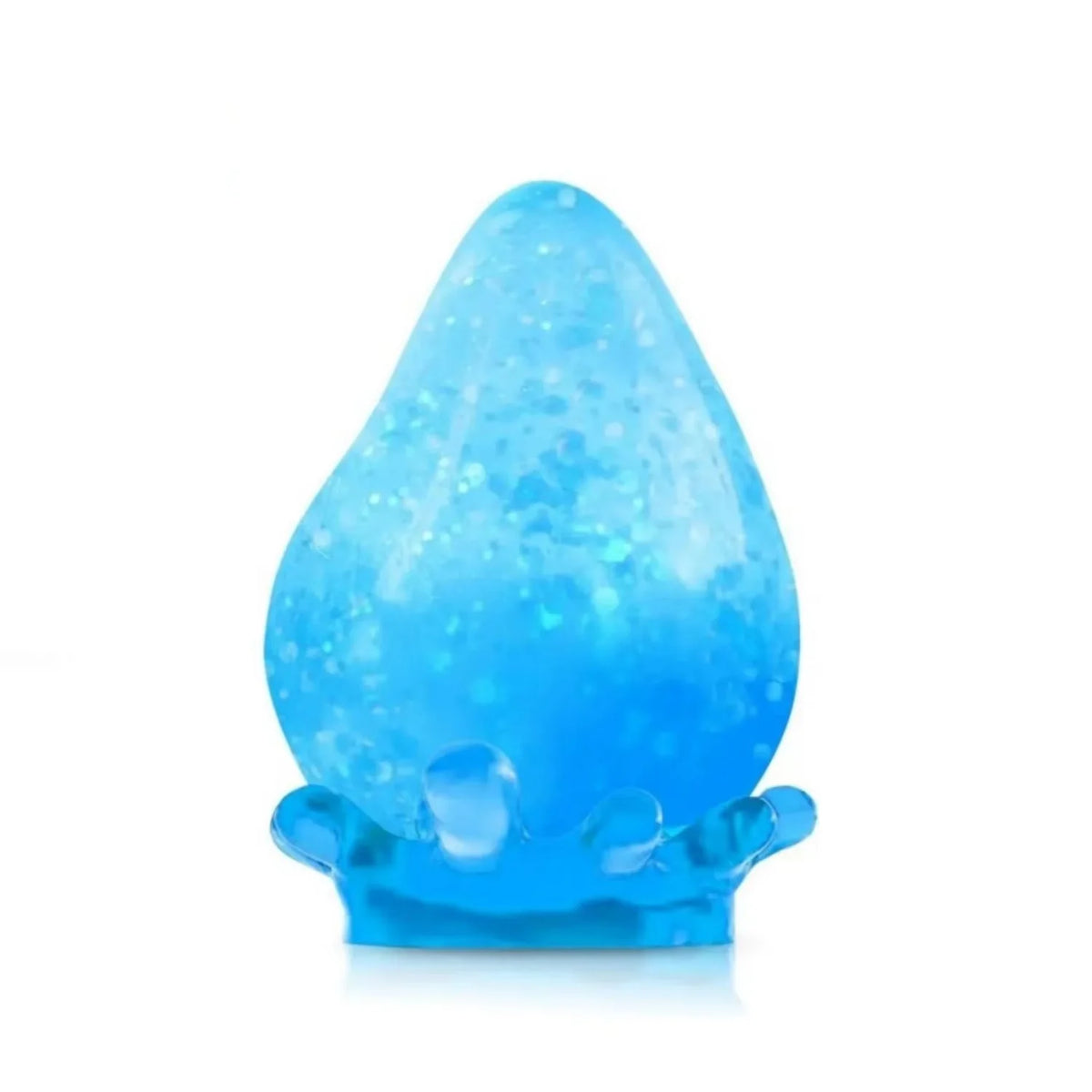 A translucent blue silicone squishy stress ball shaped like a teardrop.