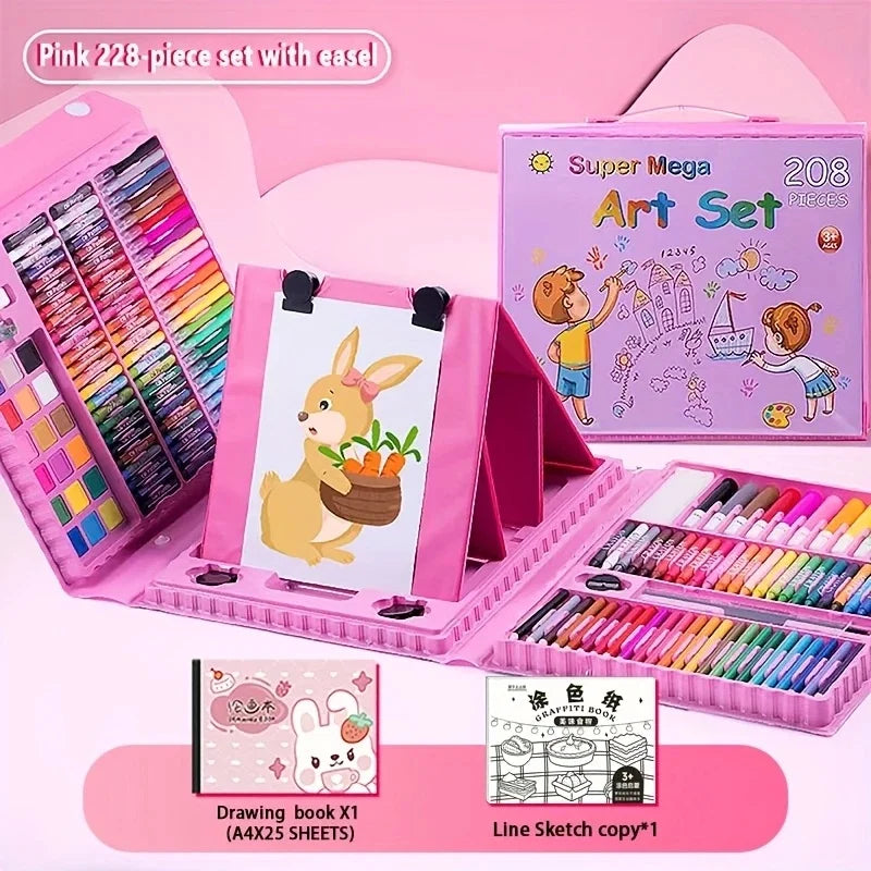 Pink 228 piece art set with easel featuring crayons and drawing book sheets