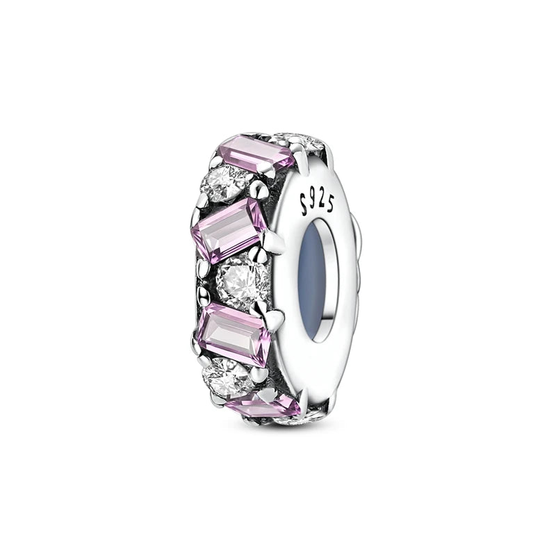 A sterling silver heart charm bead featuring pink zircon stones and clear diamonds.