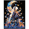 A woman with white hair wearing a dark blue dress and headphones is depicted under a large crescent moon surrounded by stars 