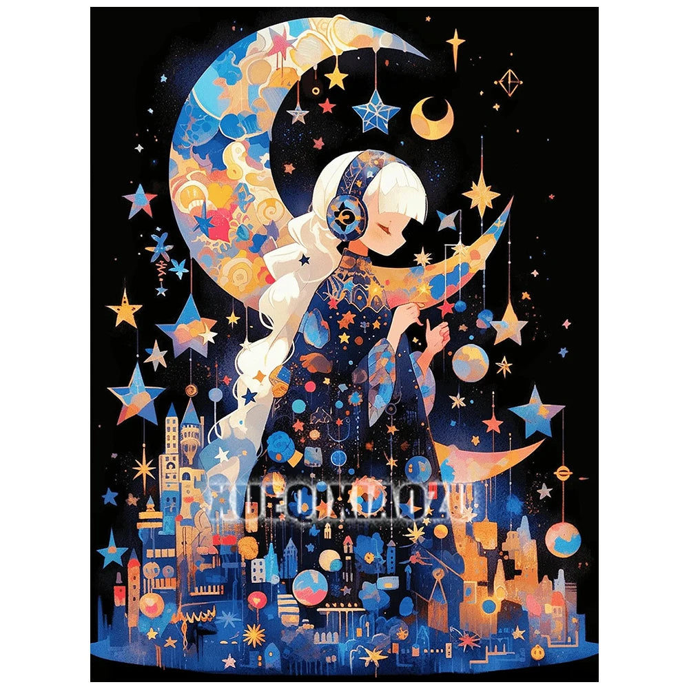 A woman with white hair wearing a dark blue dress and headphones is depicted under a large crescent moon surrounded by stars 